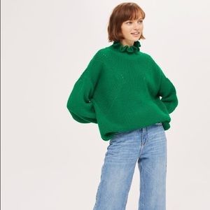 Topshop Green Ruffle Neck Sweater